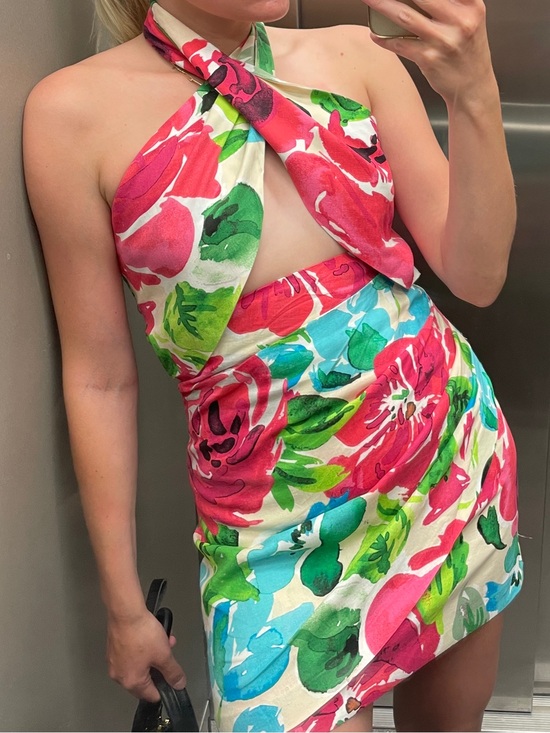Zara Dresses & Skirts - Zara Pink, Green & Aqua Floral Halter Mini Dress